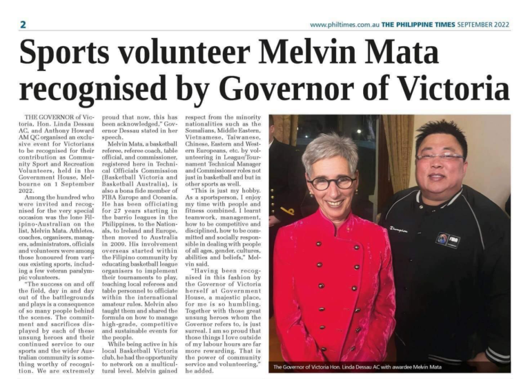 Governor of Victoria recognised sports volunteer Melvin Mata